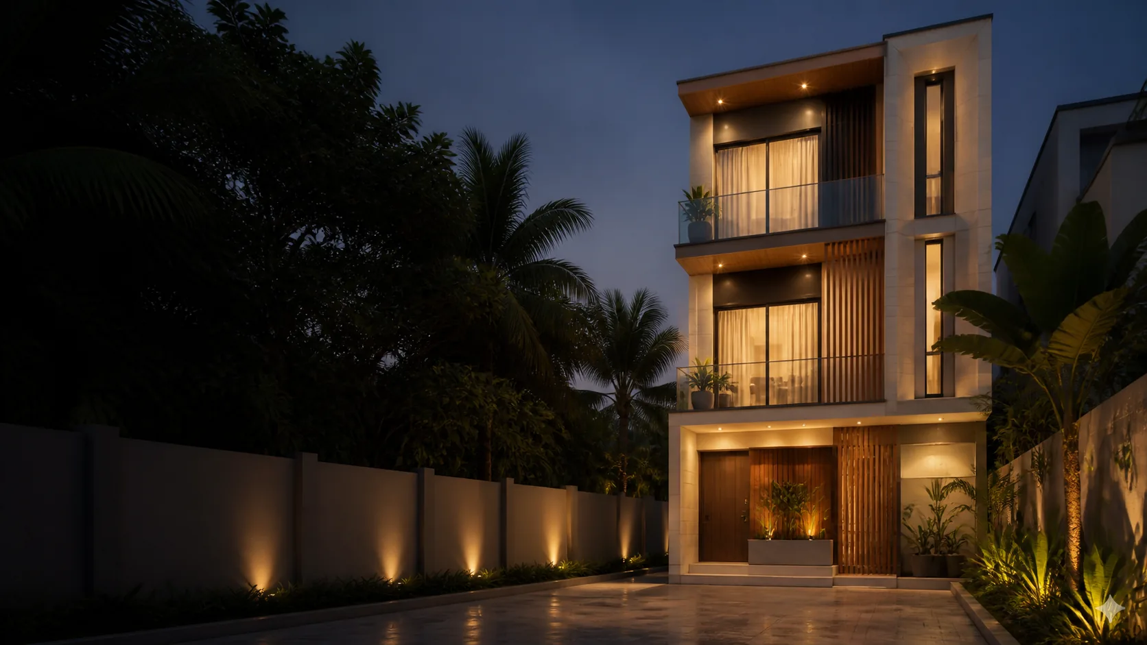 Contemporary three-storey Elrano townhouse at dusk